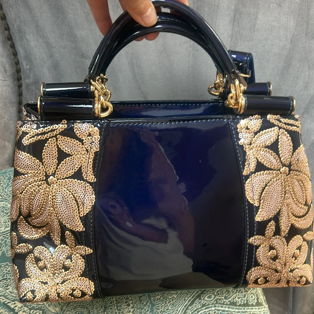 Like new—Patent Navy and Gold Sequin  Handbag w/removable, adjustable strap